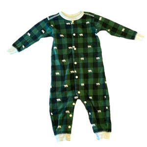 The Little Blue House by Hatley union suit in green and cream bear plaid print